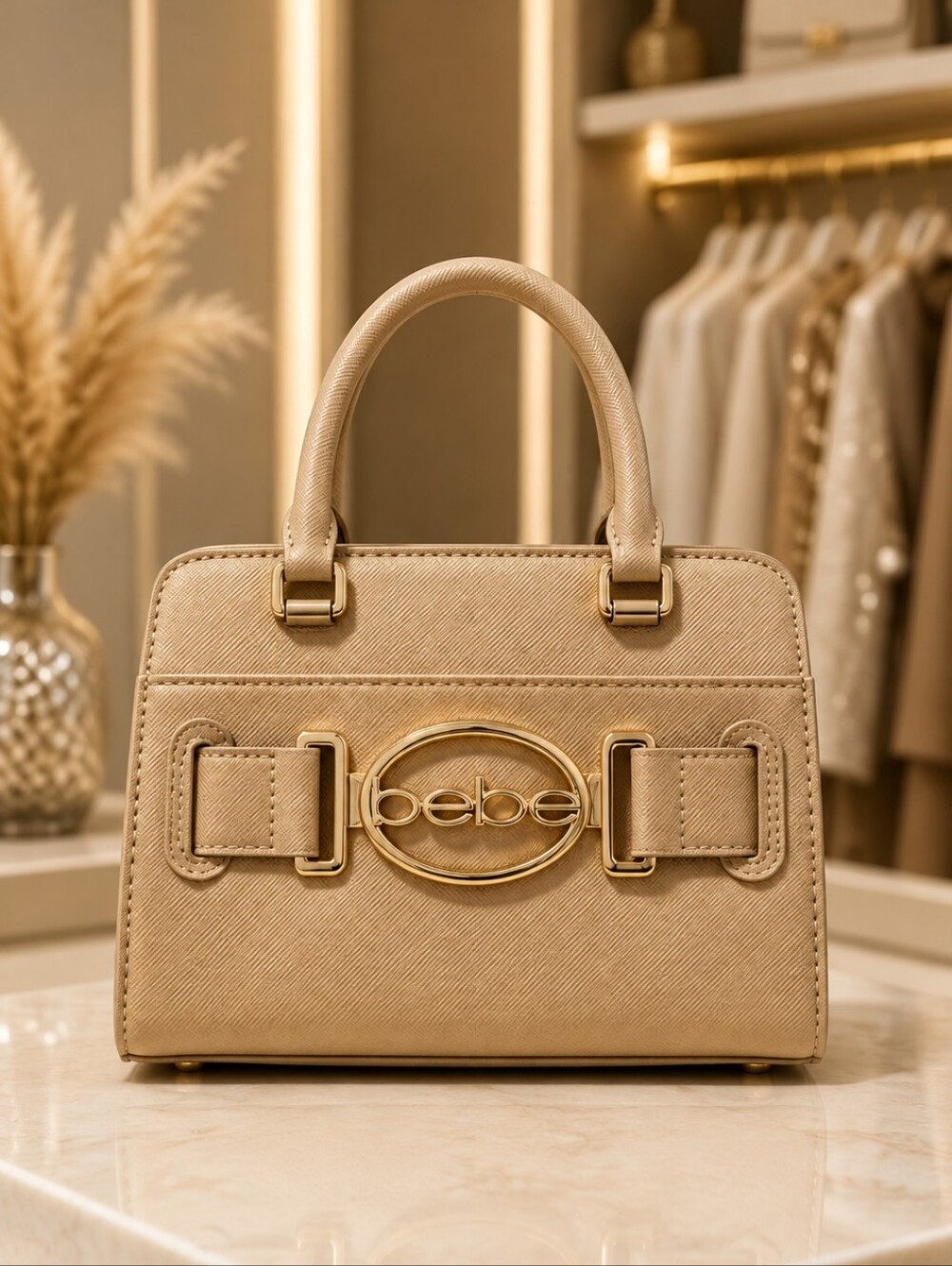 Bebe Beige/Tan Leilani Solid Handle Crossbody with Gold Accents
